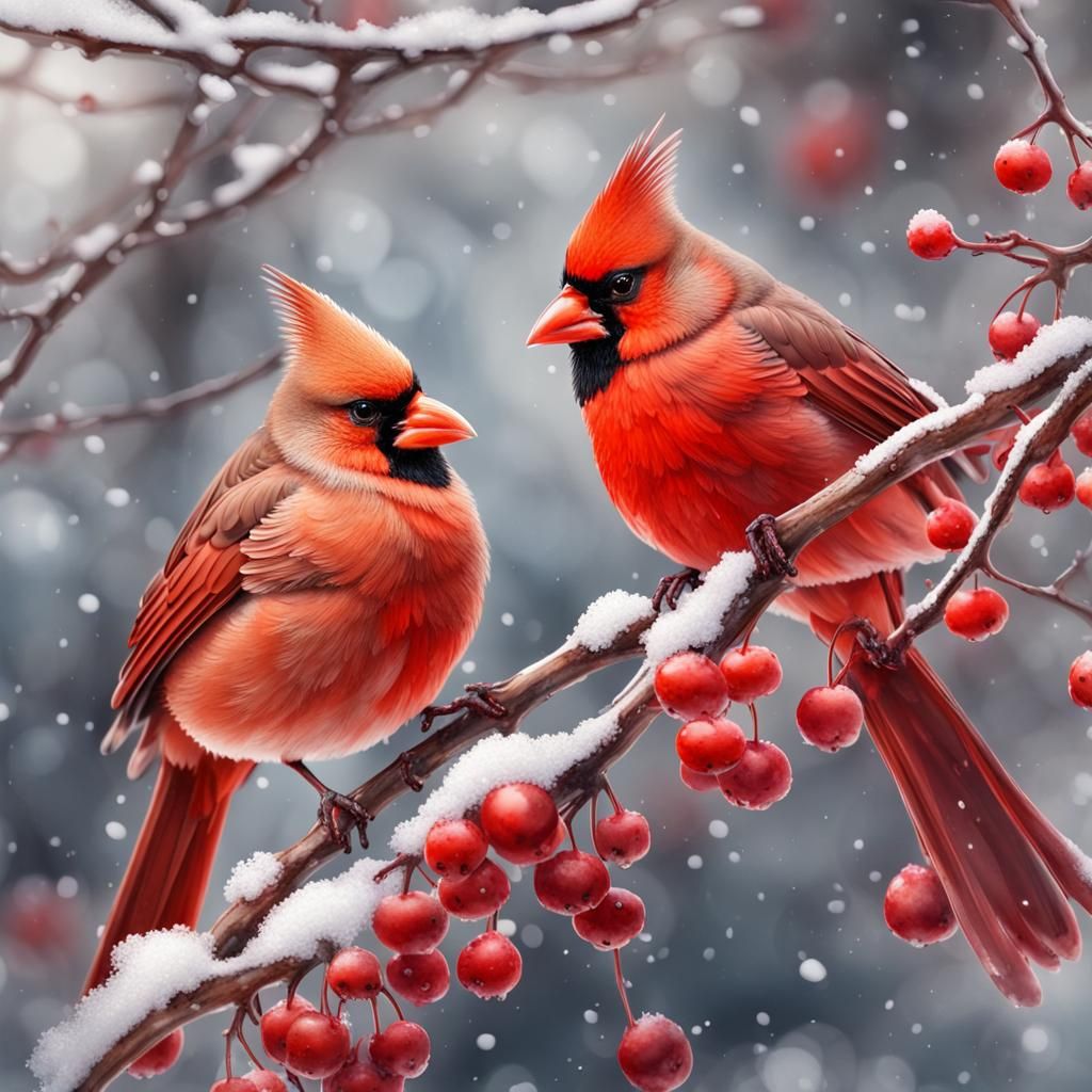 Red Cardinals on Snowy Branch: Watercolor Art