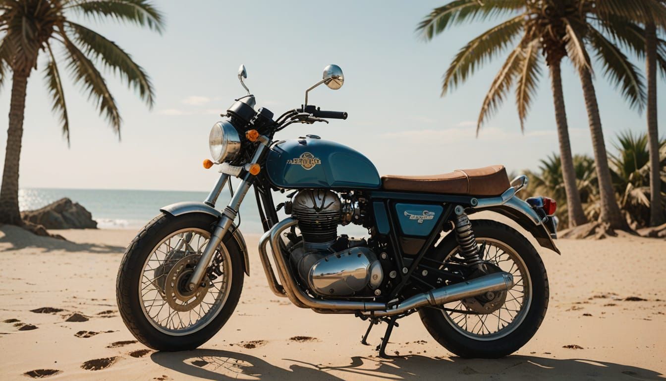Vintage Royal Enfield Continental GT 650 on a Sandy Beach