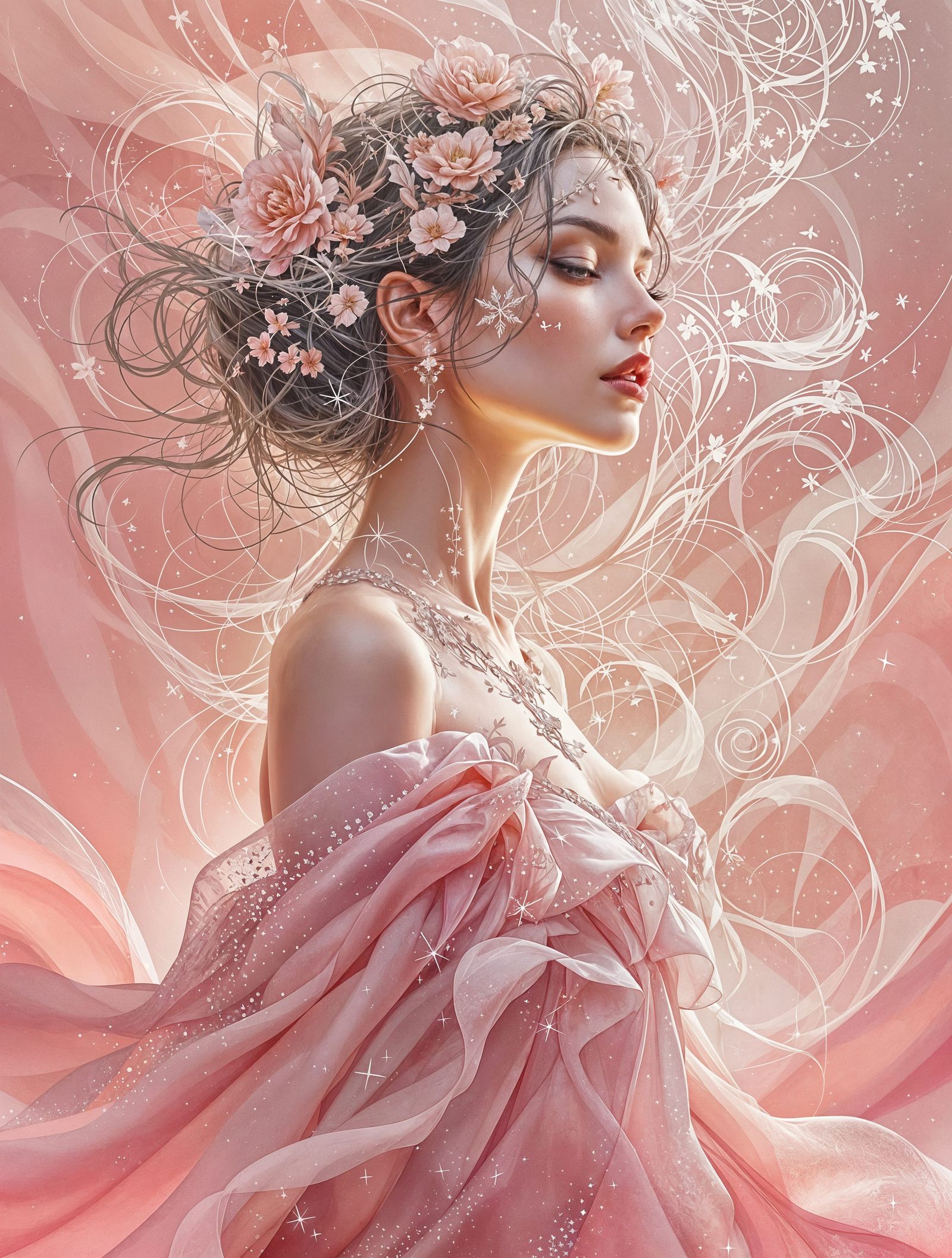 Glowing Pink Portrait of a Beautiful Woman in Mystical Beaut...