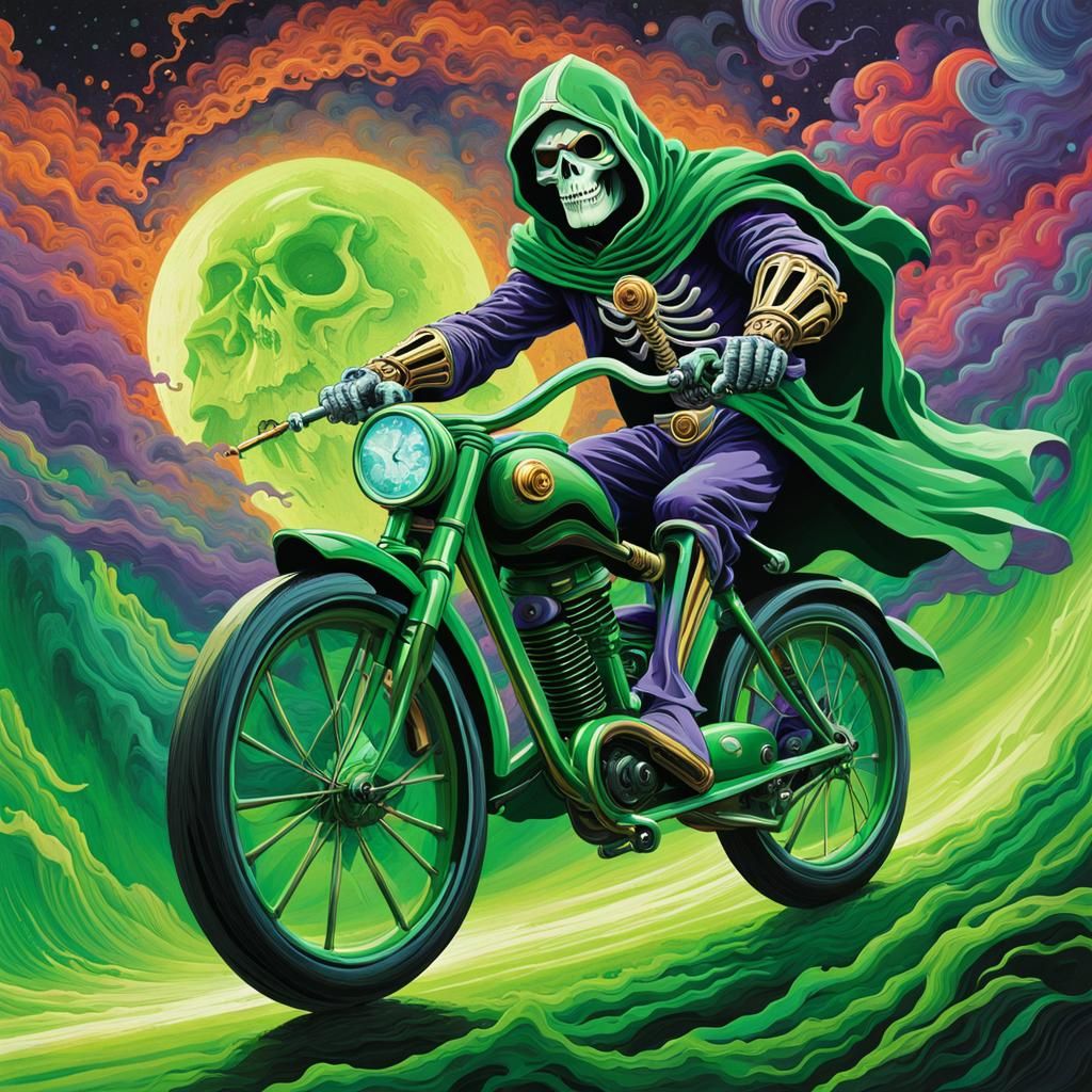 Skeletor traveling through time riding his magical bicycle.