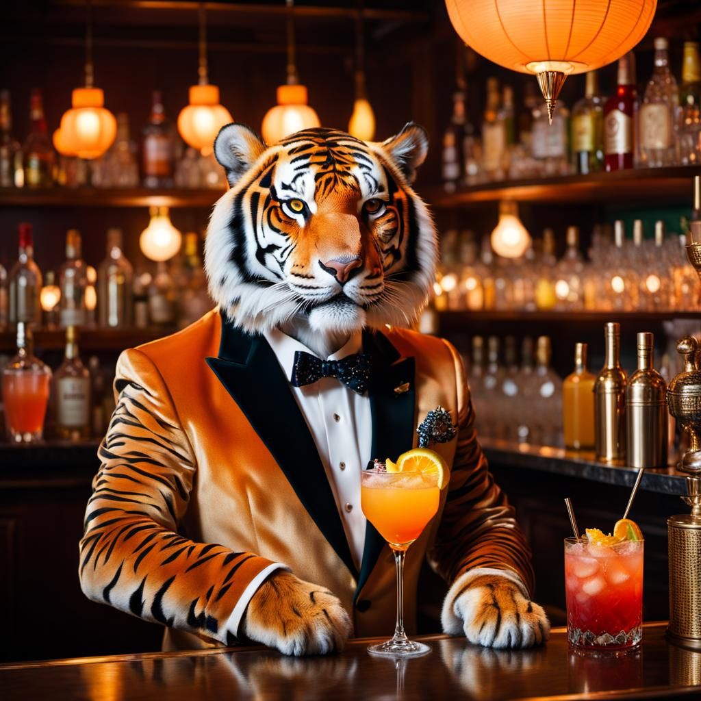Anthropomorphic Tiger Gracefully Mixes Cocktails