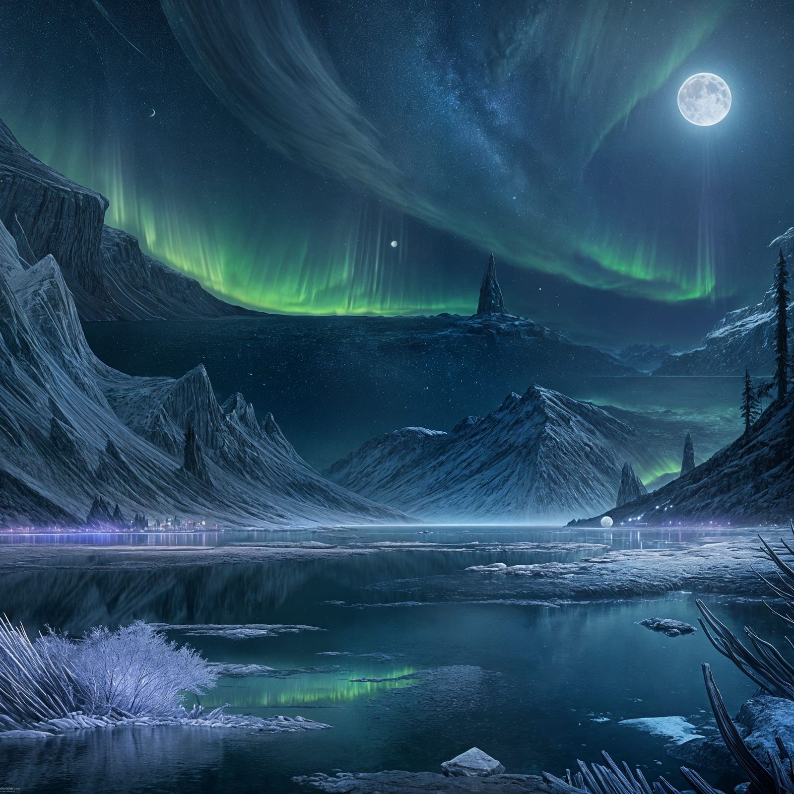 Sunset Waters with Aurora Borealis: Fantasy Concept Art