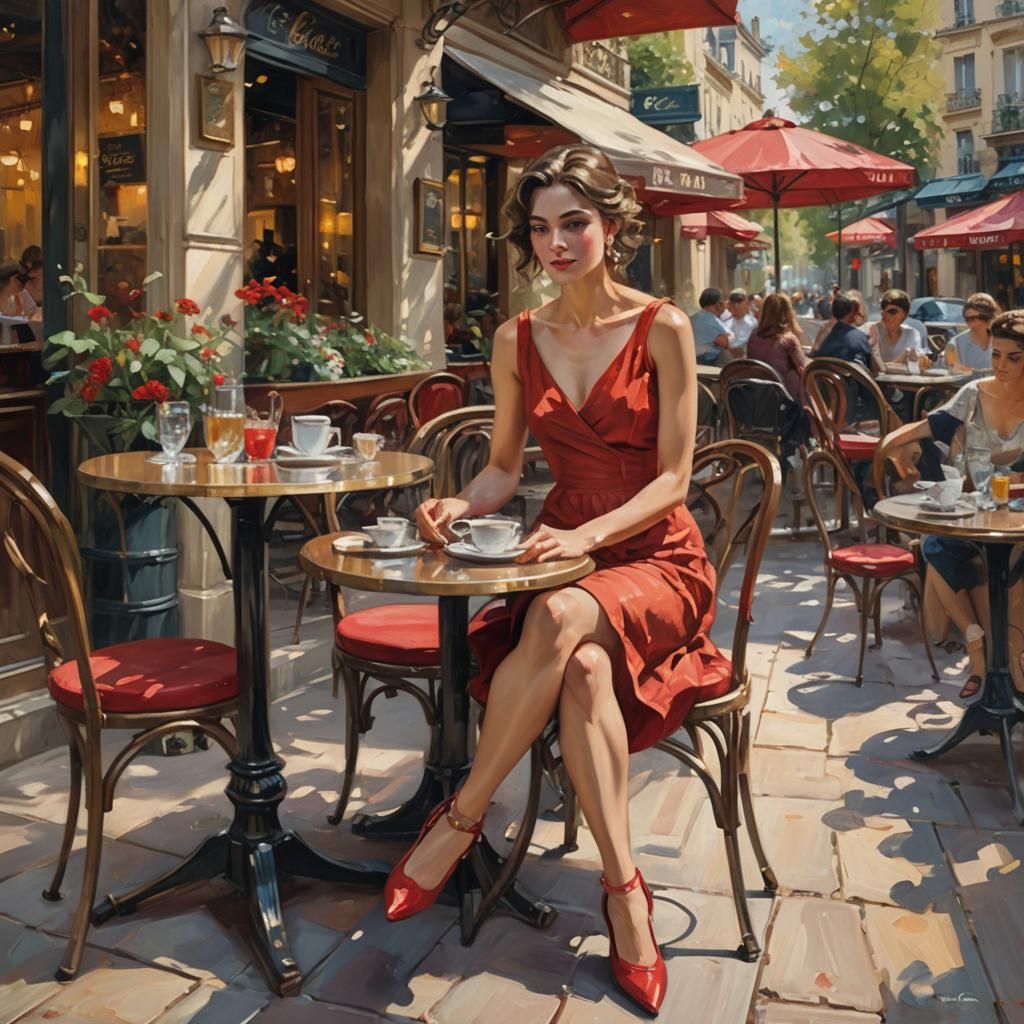 Parisian Cafe Scene: Impressionist Oil Painting of Woman