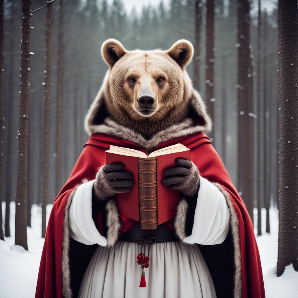 Anthropomorphic Bear Woman in Winter Forest