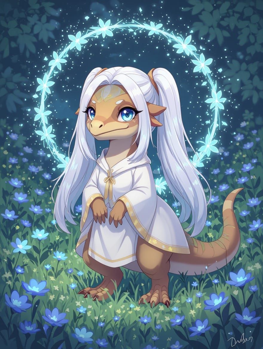 Whimsical Chibi Raptor in a Dreamy Meadow