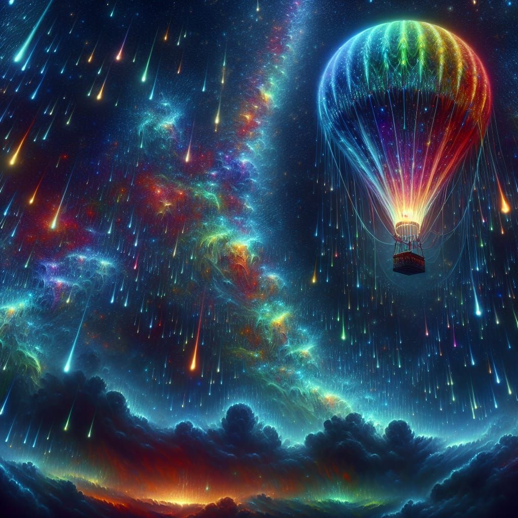 A detailed rainbow bioluminescence hot air balloon watching a sky full of shooting stars of different colors in the nigh...