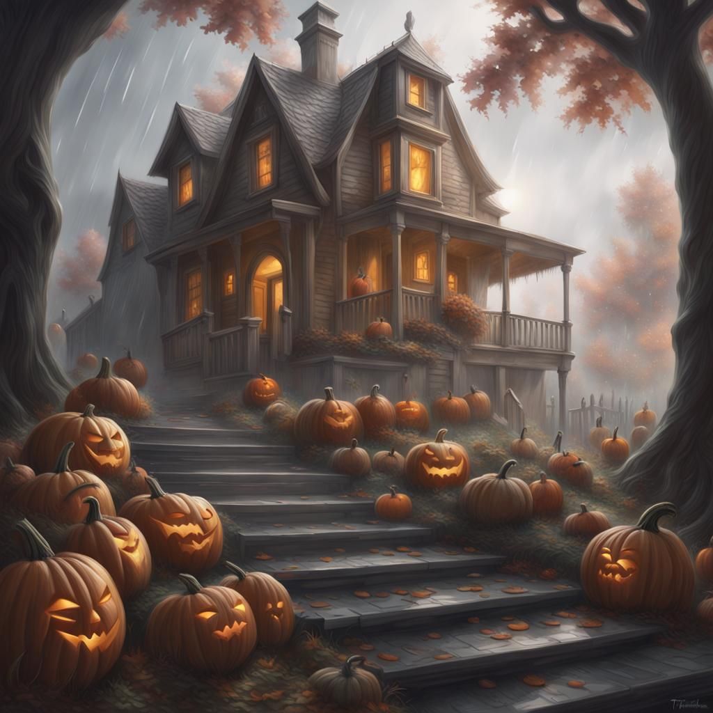 Hyperrealistic Pumpkin Carving House in the Rain
