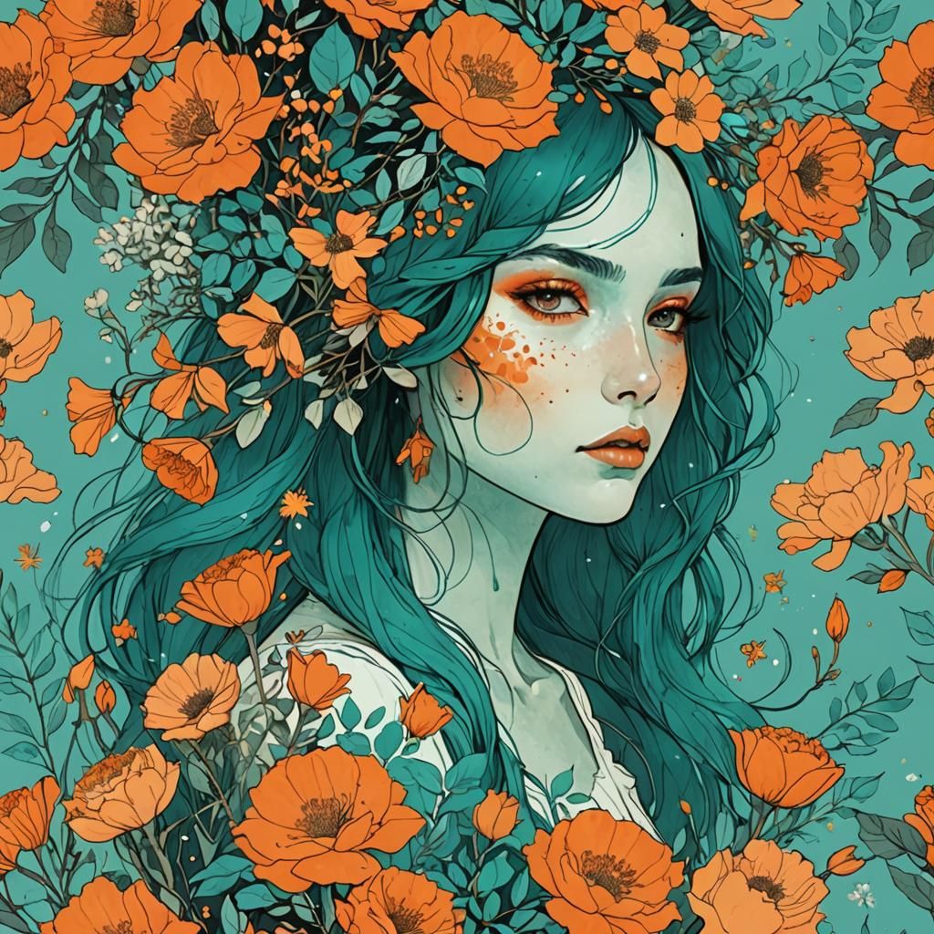Botanical Floral Bouquet in Teal and Orange Illustration