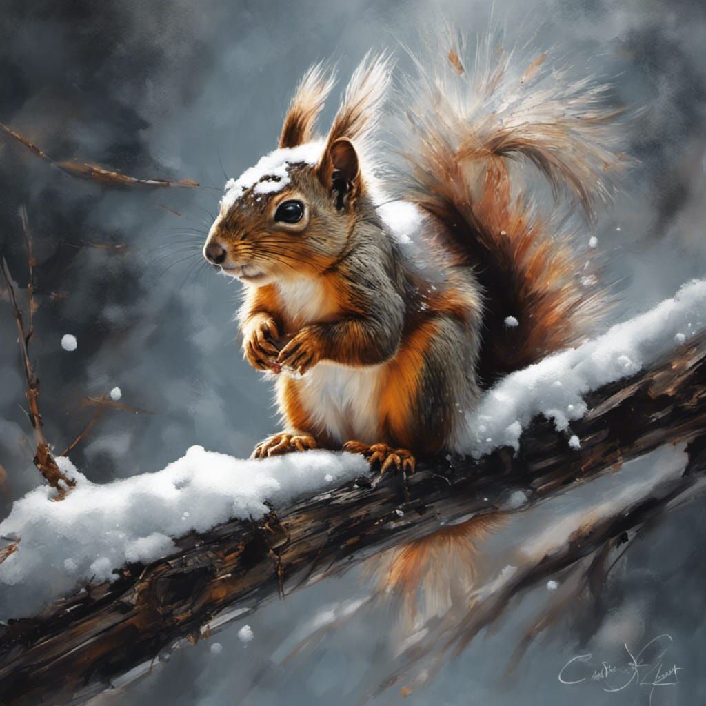 Squirrel on Snowy Branch as Digital Oil Painting