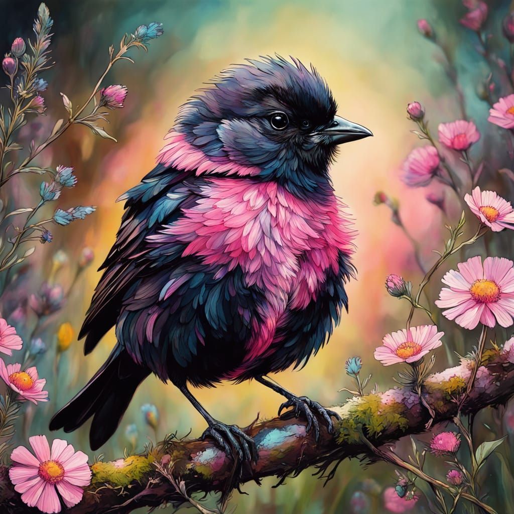 Iridescent Metallic Baby Bird in a Vibrant Floral Garden