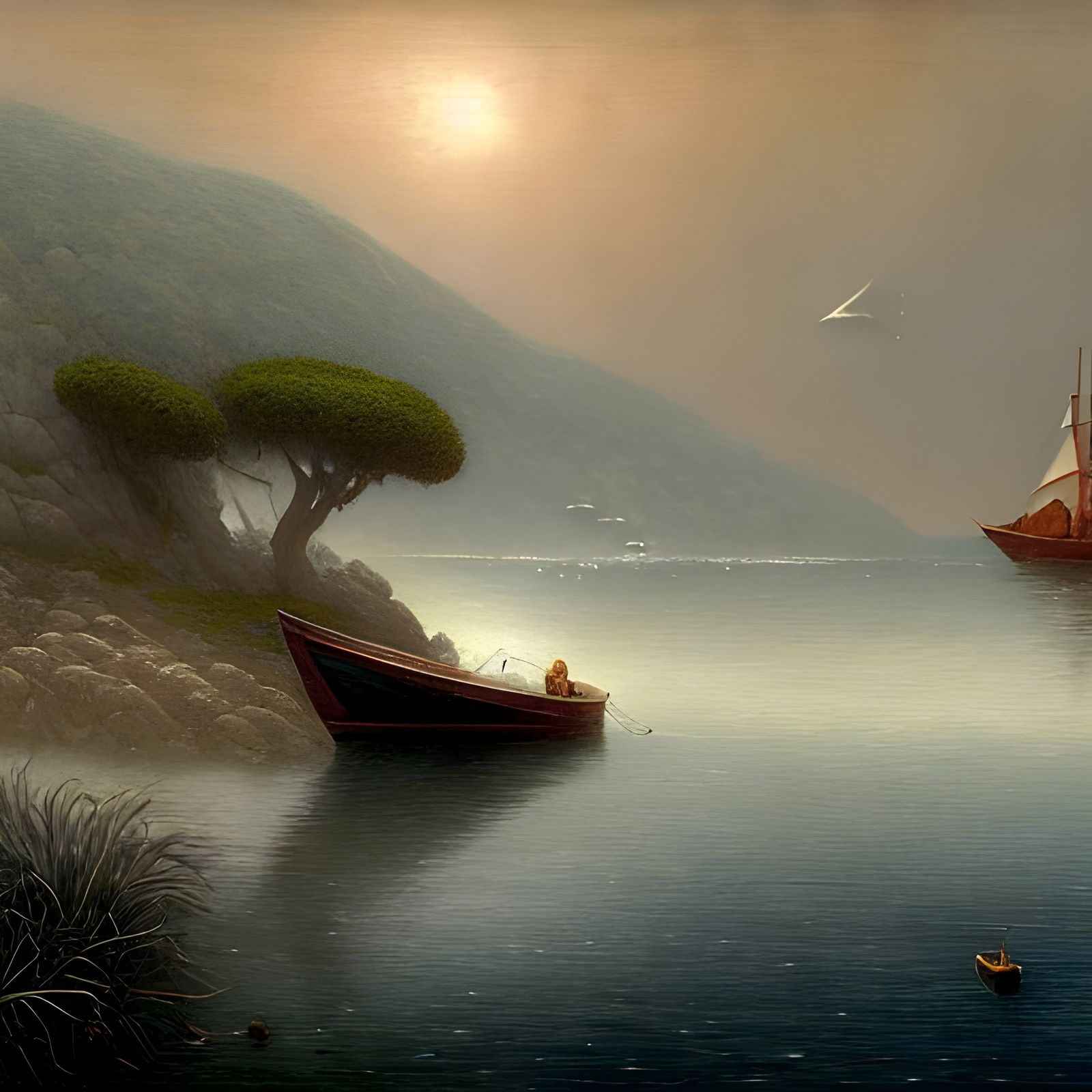 Misty Mediterranean Island with Fishing Boat