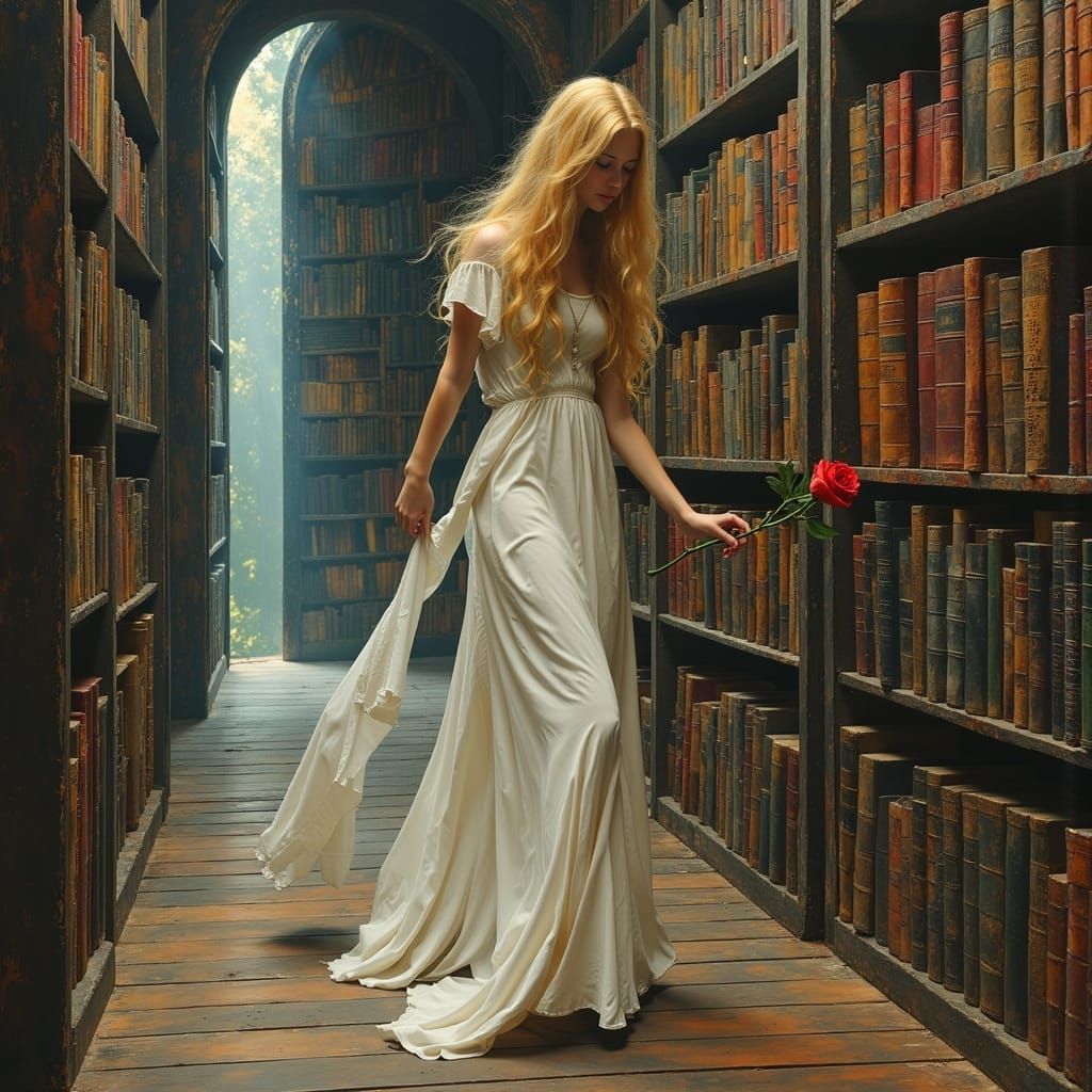 Woman in Library with Rose, Art Nouveau Style