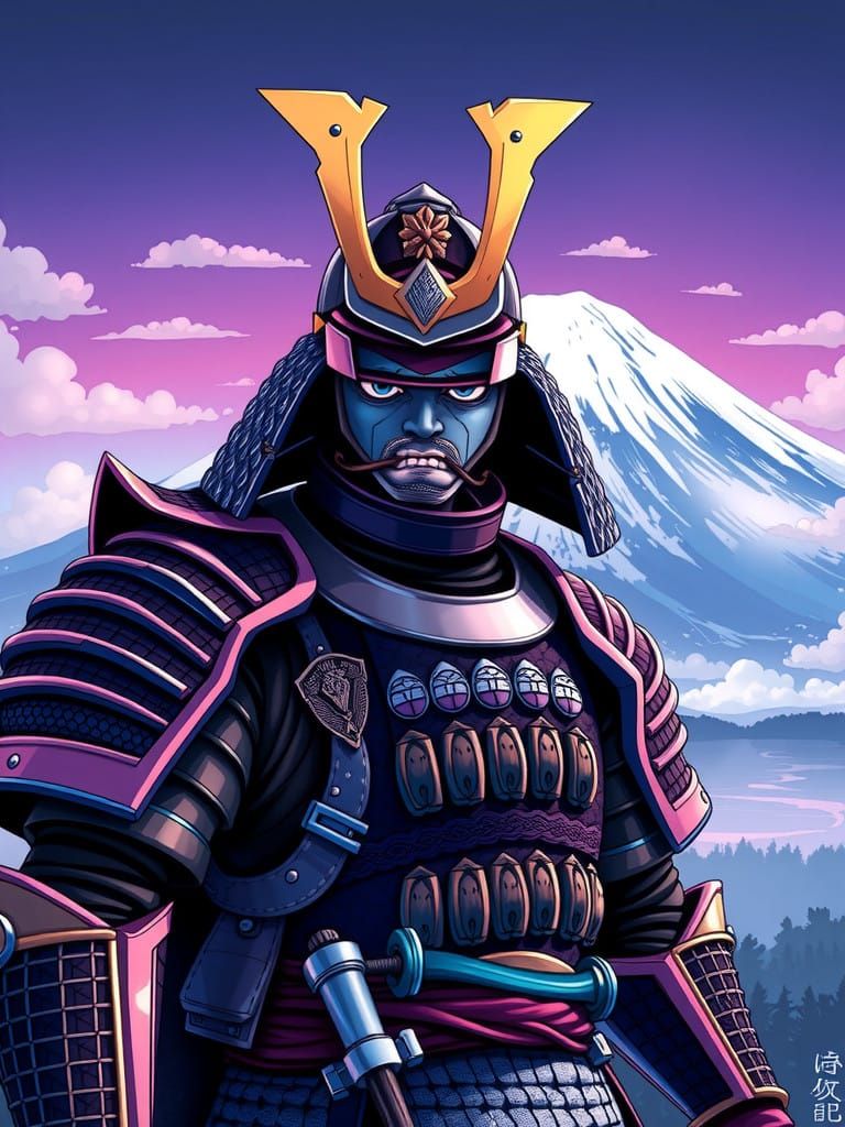 Cyberpunk Samurai Epic in Front of Majestic Mount Fuji