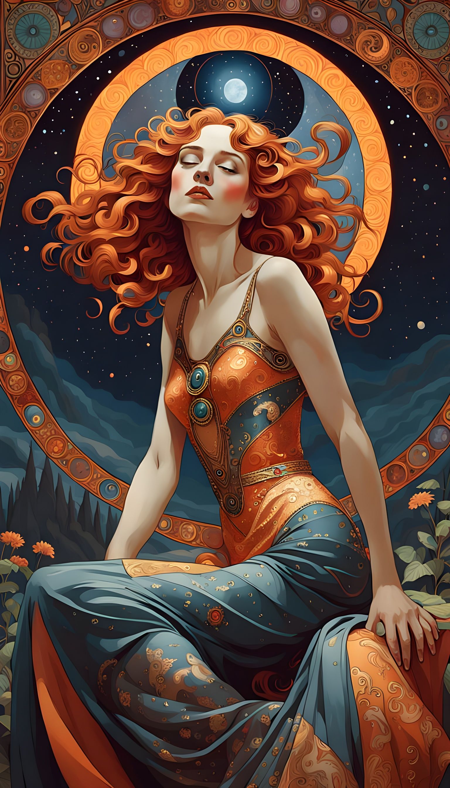 Surreal Art Nouveau Goddess with Whimsical Ginger Cats