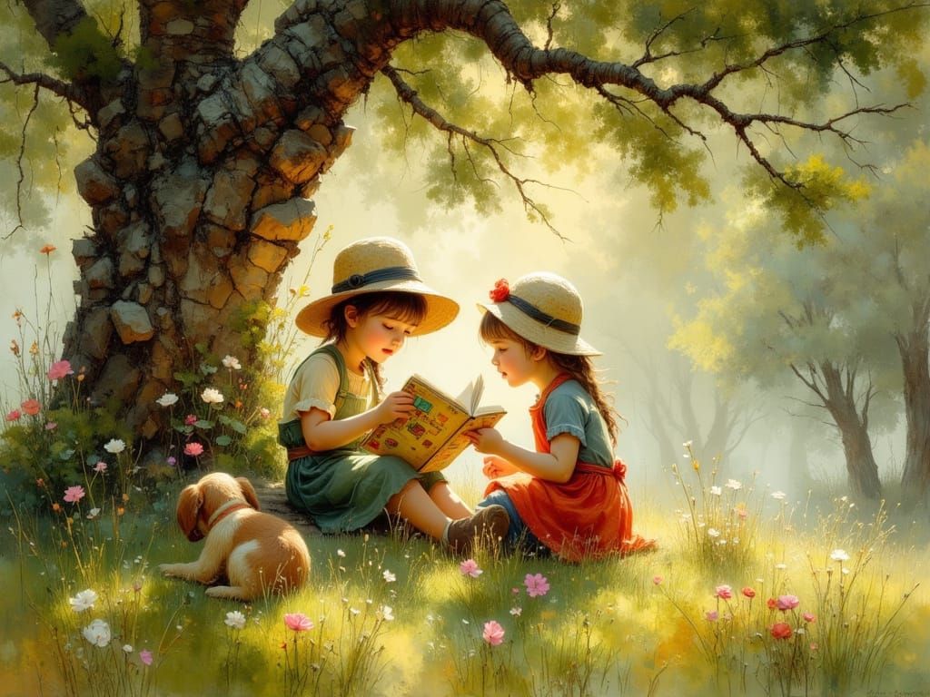 Impressionist Painting of Children Reading Under Oak Tree