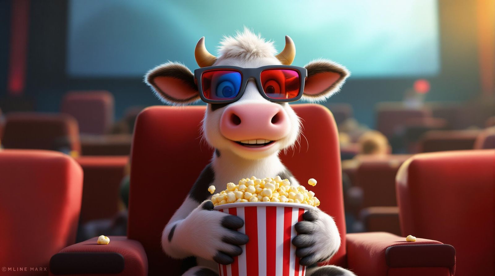 Cheerful CGI Cartoon Cow at the Cinema