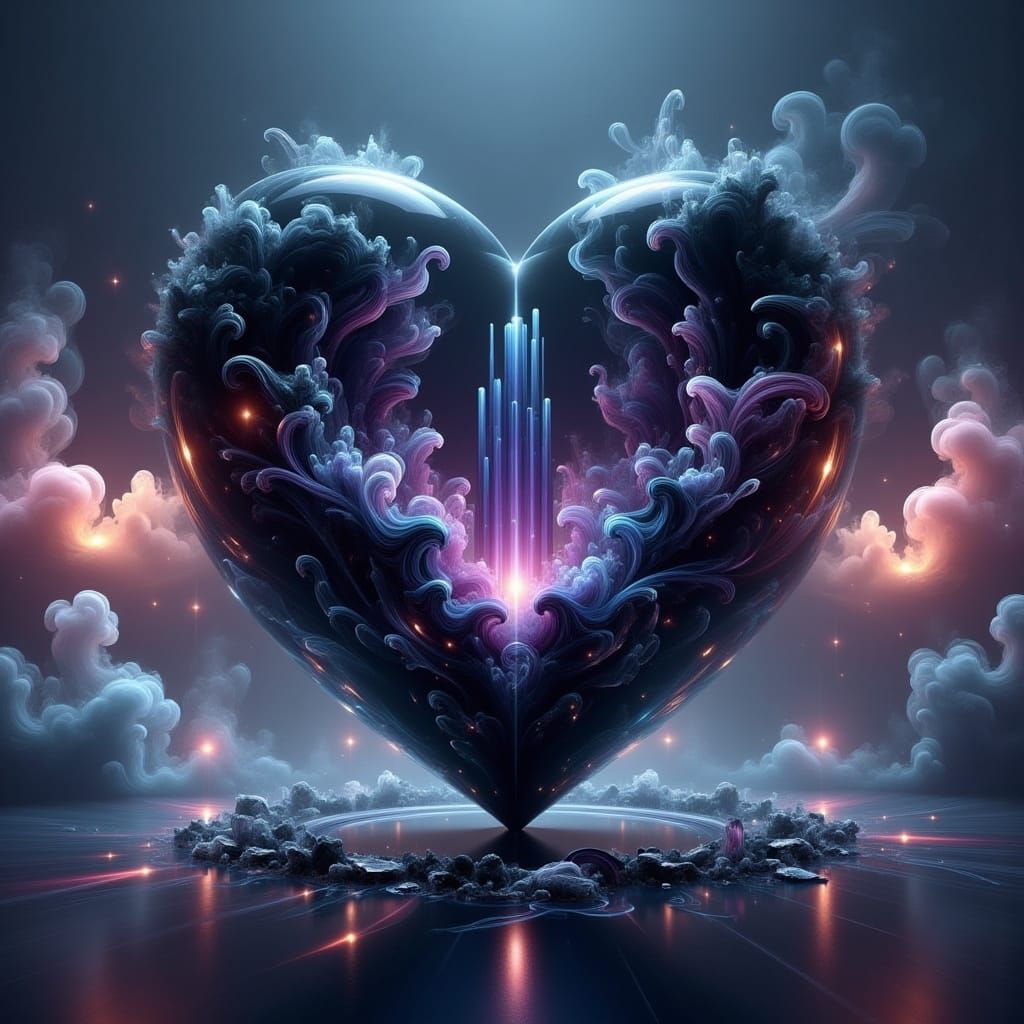 Giant Glass Heart in Cosmic Space with Neon Light