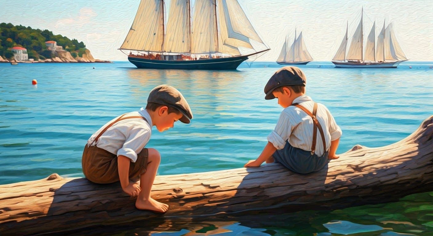 Peaceful Harbor Scene with Two Young Boys