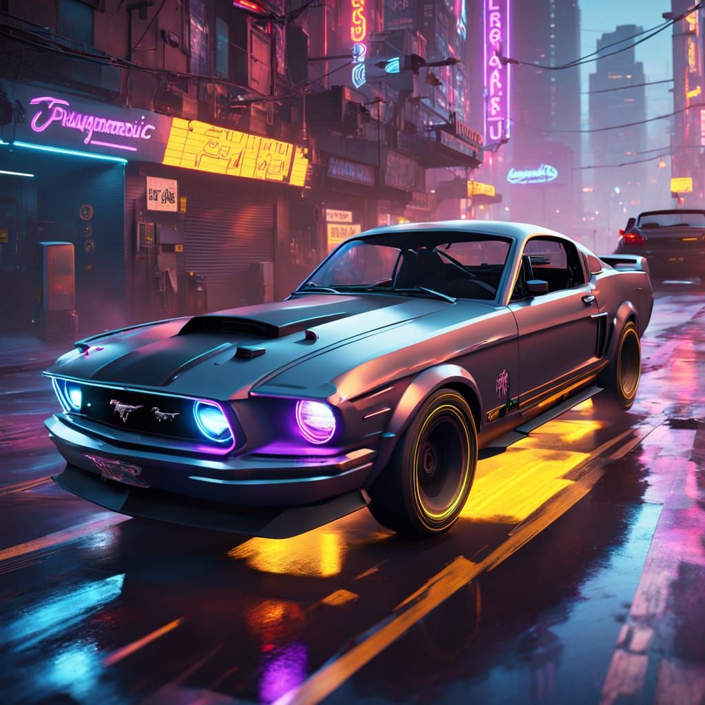 Cyberpunk Ford Mustang Drifts through Neon City Streets