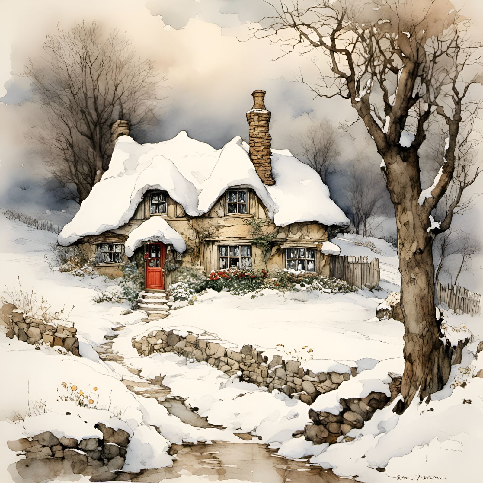 <lora:Autumn Winter:1> snow, Beautiful whimsical Victorian fairy cottage, victorian countryside background, art by arthu...