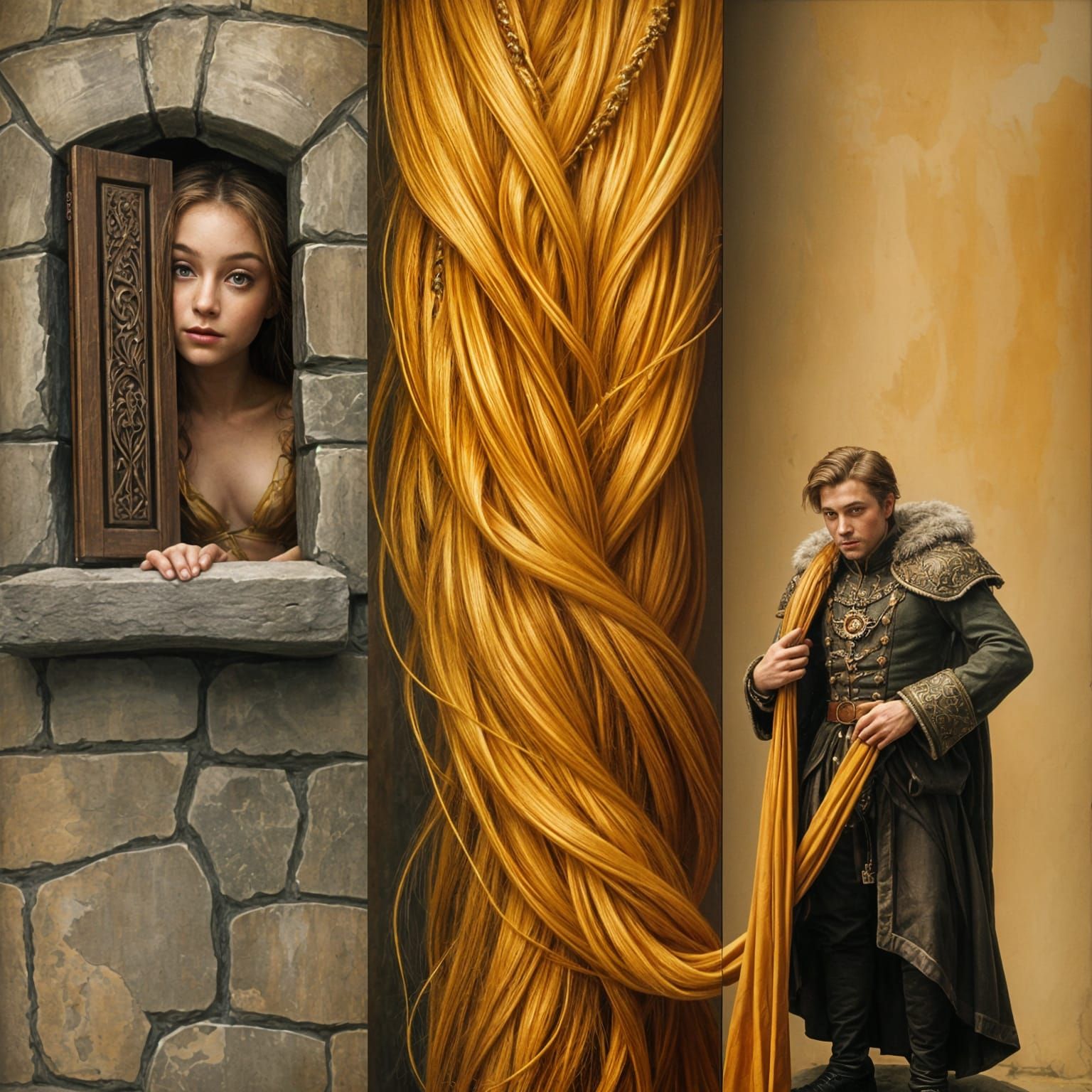 Vintage Rapunzel Triptych in Oil Painting Style