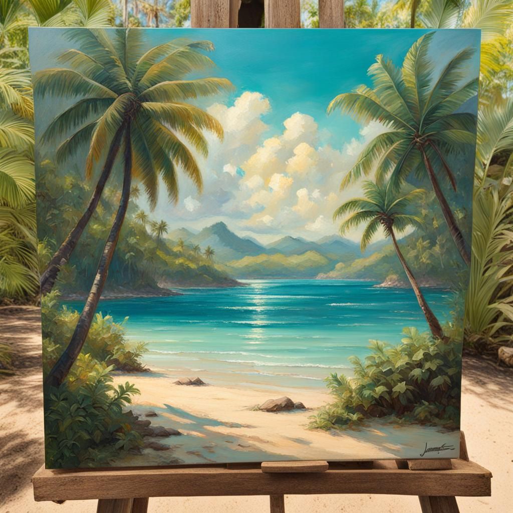 Tropical Beach Oil Painting in Bright Sunlight