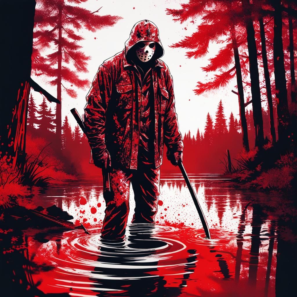 Jason Voorhees Double Exposure with Crimson Ink Splatter