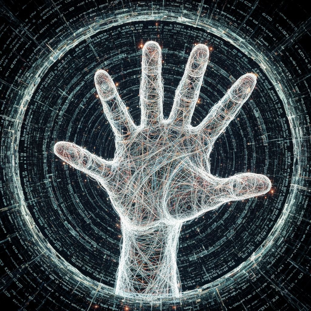 Digital Hand Emerges from Abstract Code Portal