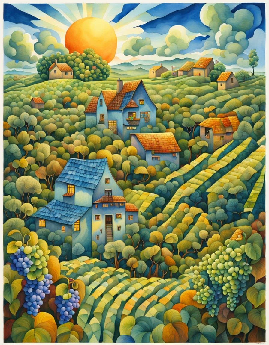 Dreamlike Vineyard Scene in Vibrant Watercolor Style
