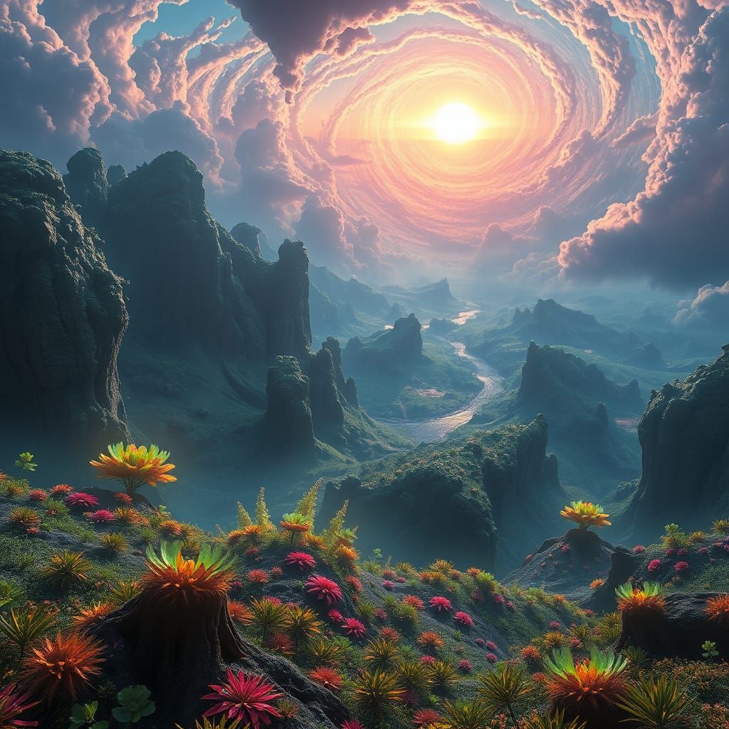 Iridescent Alien Landscape at Sunset: Digital Matte Painting