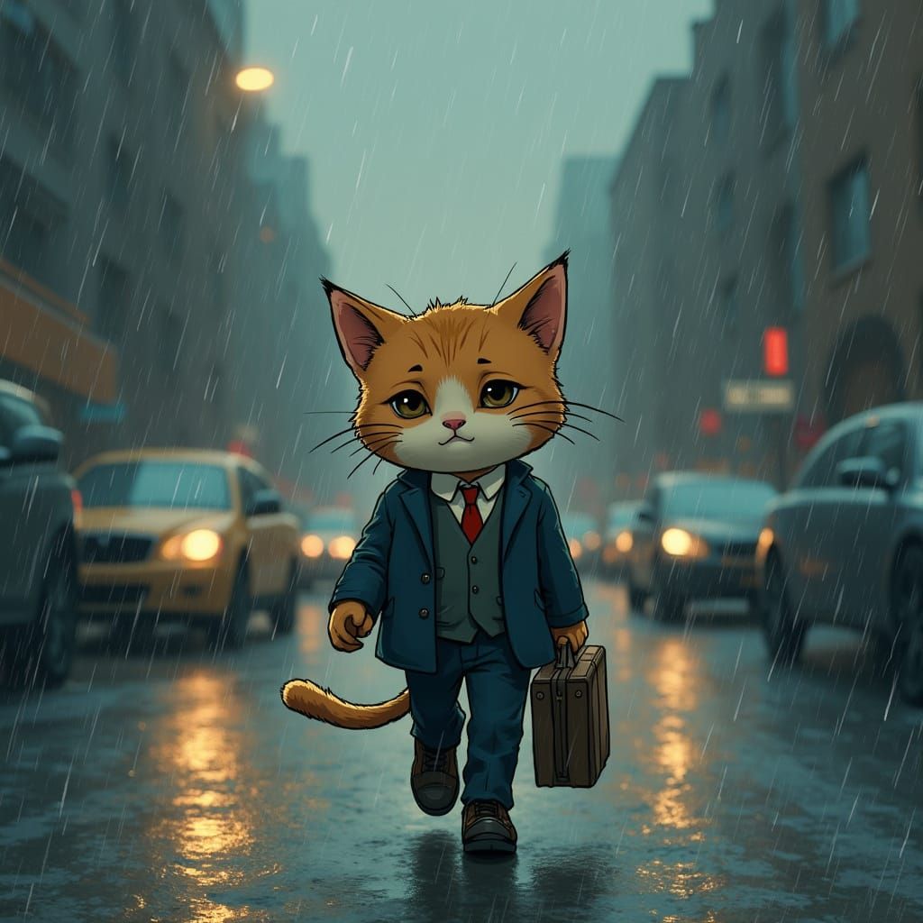 Sad Kitten Commutes to Work on a Rainy City Street