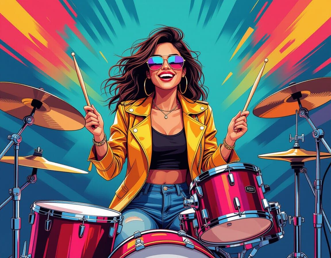 Energetic Woman Drummer in a Vibrant Studio