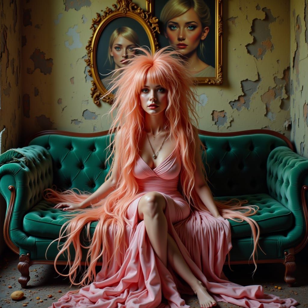 Mysterious Woman on Velvet Sofa in Surreal Cinematic Style