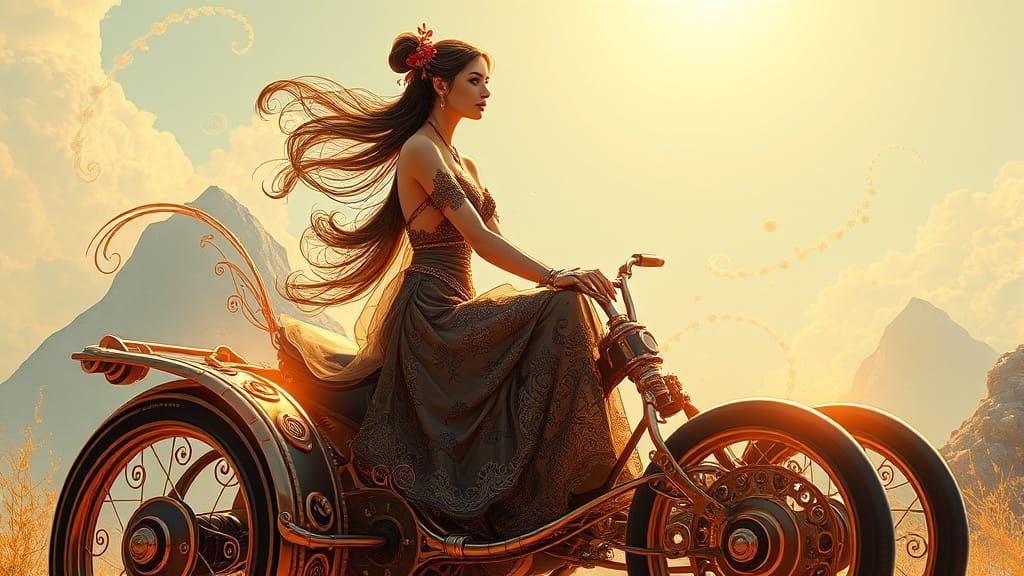 Stunning Steampunk Lady Rides Quadracycle in Vibrant Cyber-F...