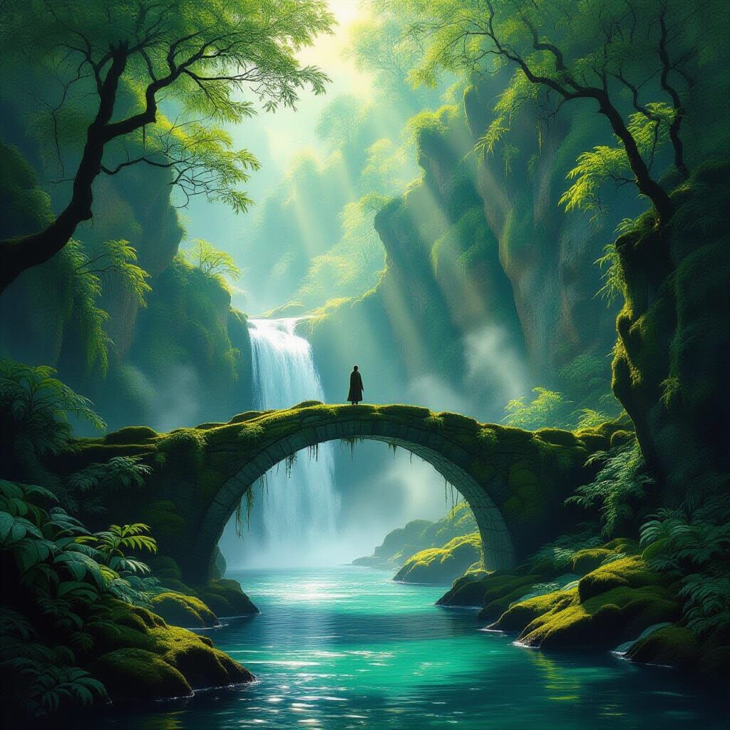 Mystical Waterfall Scene on Ancient Bridge