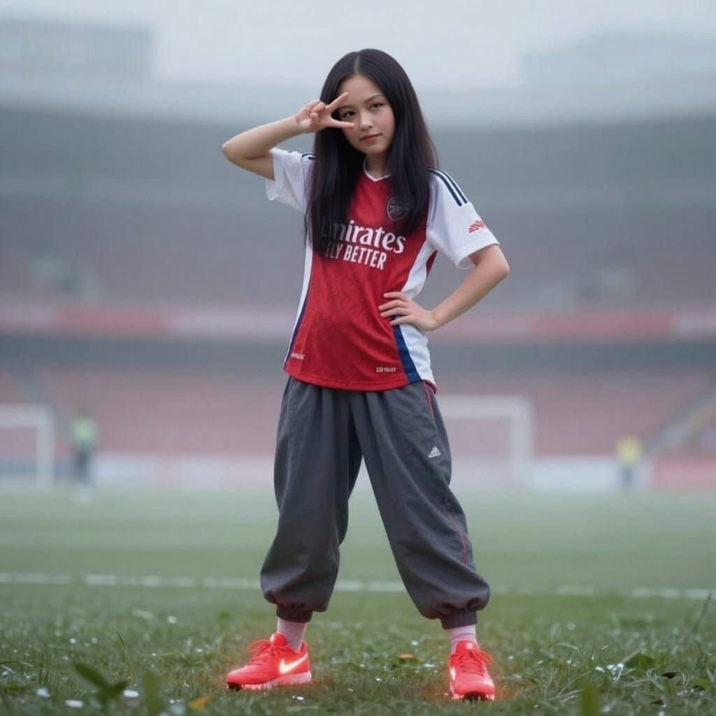 Woman in Arsenal Top and Glowing Sneakers in Ethereal Mist