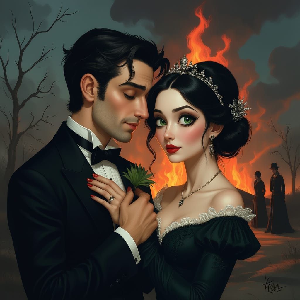 Gothic Romance: Couple in Fiery, Mournful Scene
