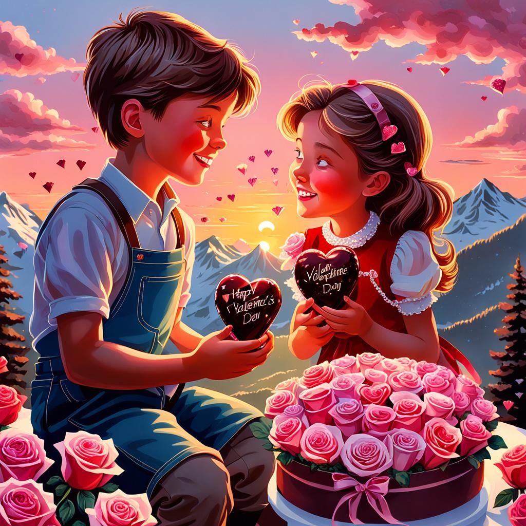 Valentine's Day Sunset: Chocolates and Roses, Mixed Media Ar...