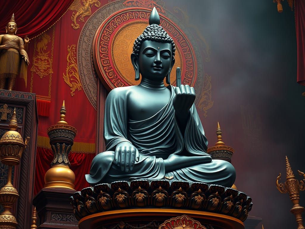 Buddha Statue with Rebel Middle Finger in Realistic Style