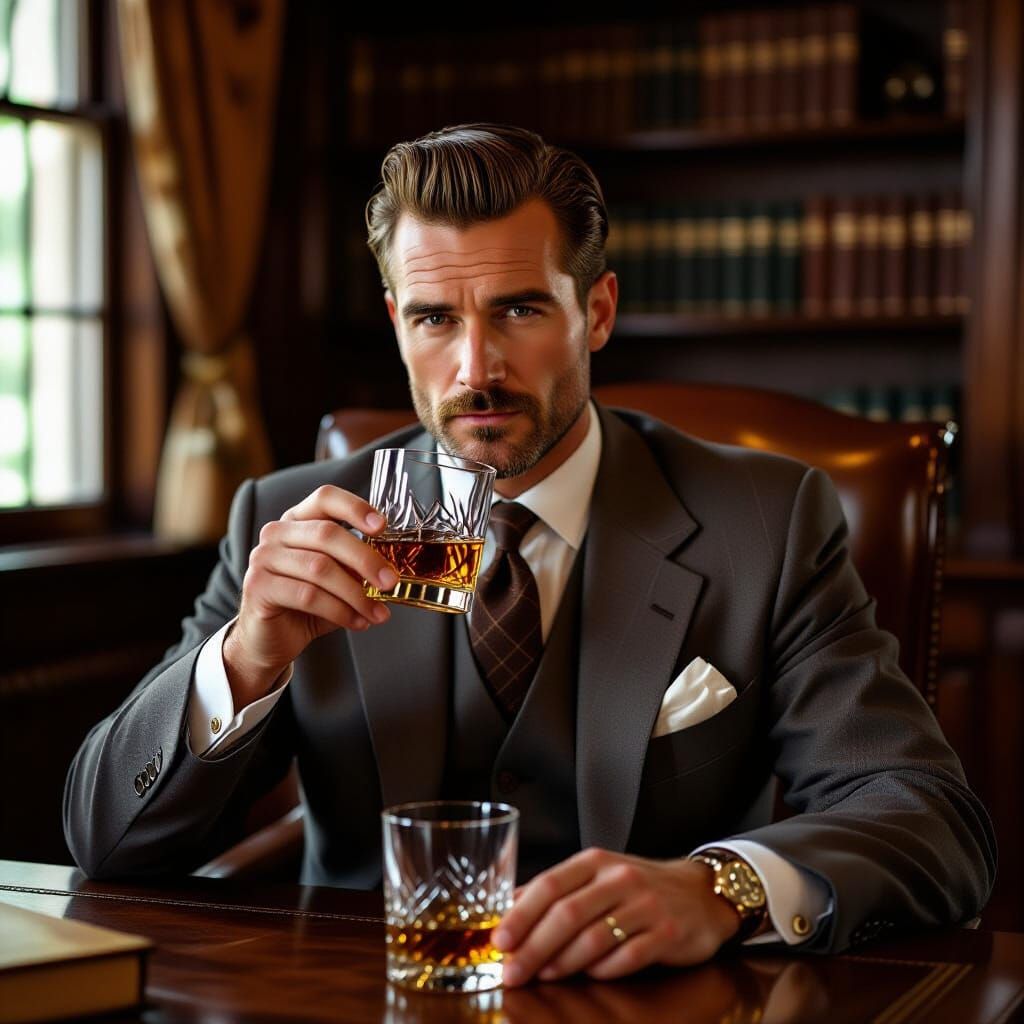 Handsome Man Sipping Whisky in Fifties Style Study