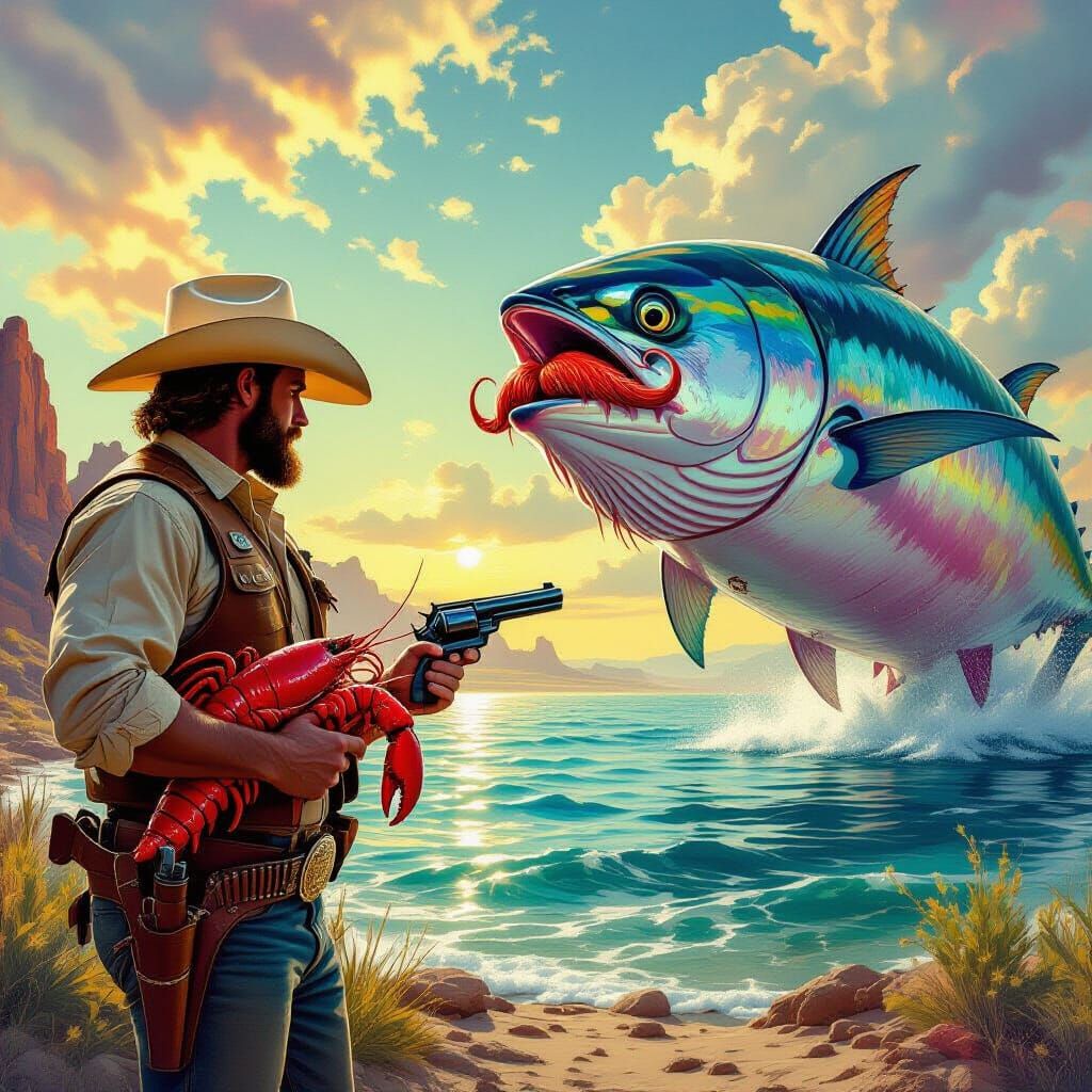 Cowboy Lobster Showdown with Giant Tuna Man
