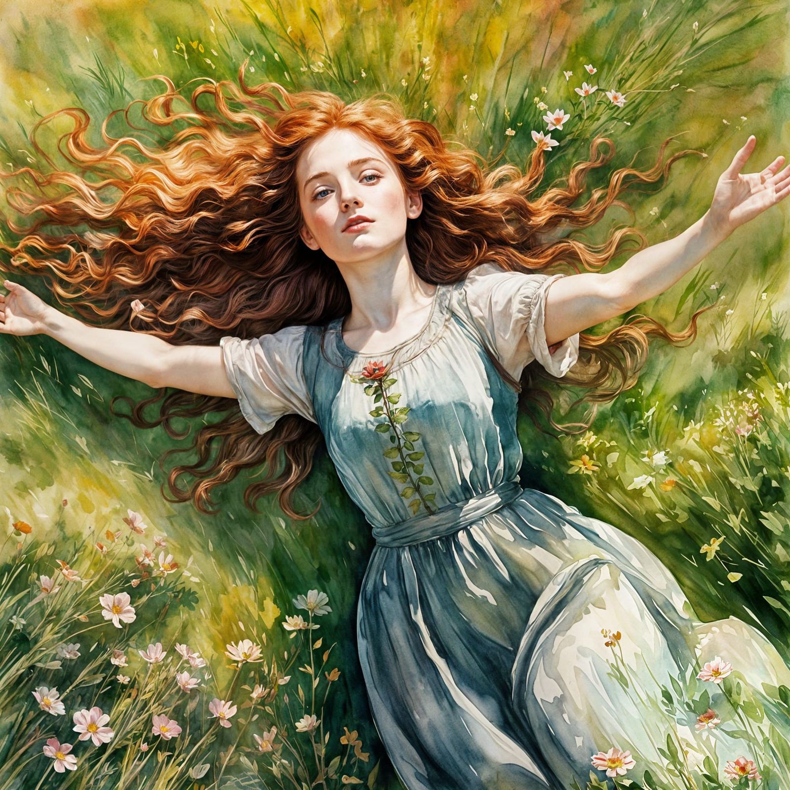 Watercolor Portrait of Red-Haired Girl in Meadow
