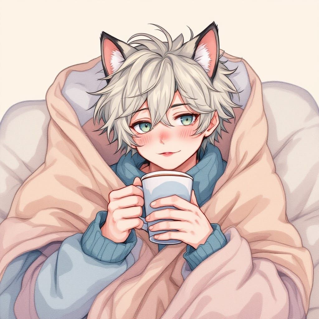 Whimsical Manga-Inspired Catboy Sips Hot Chocolate