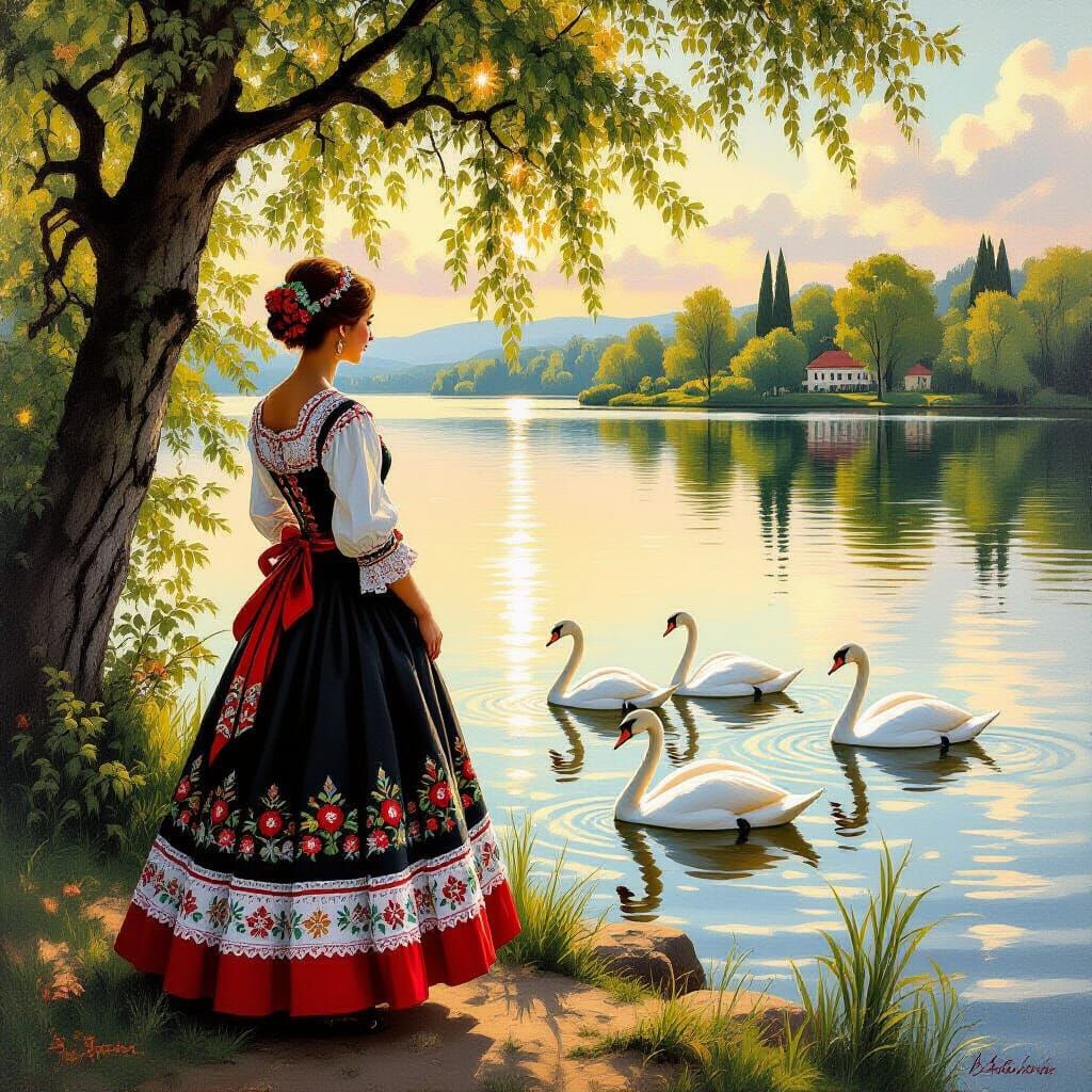 Croatian Woman in Traditional Dress by Serene Lake
