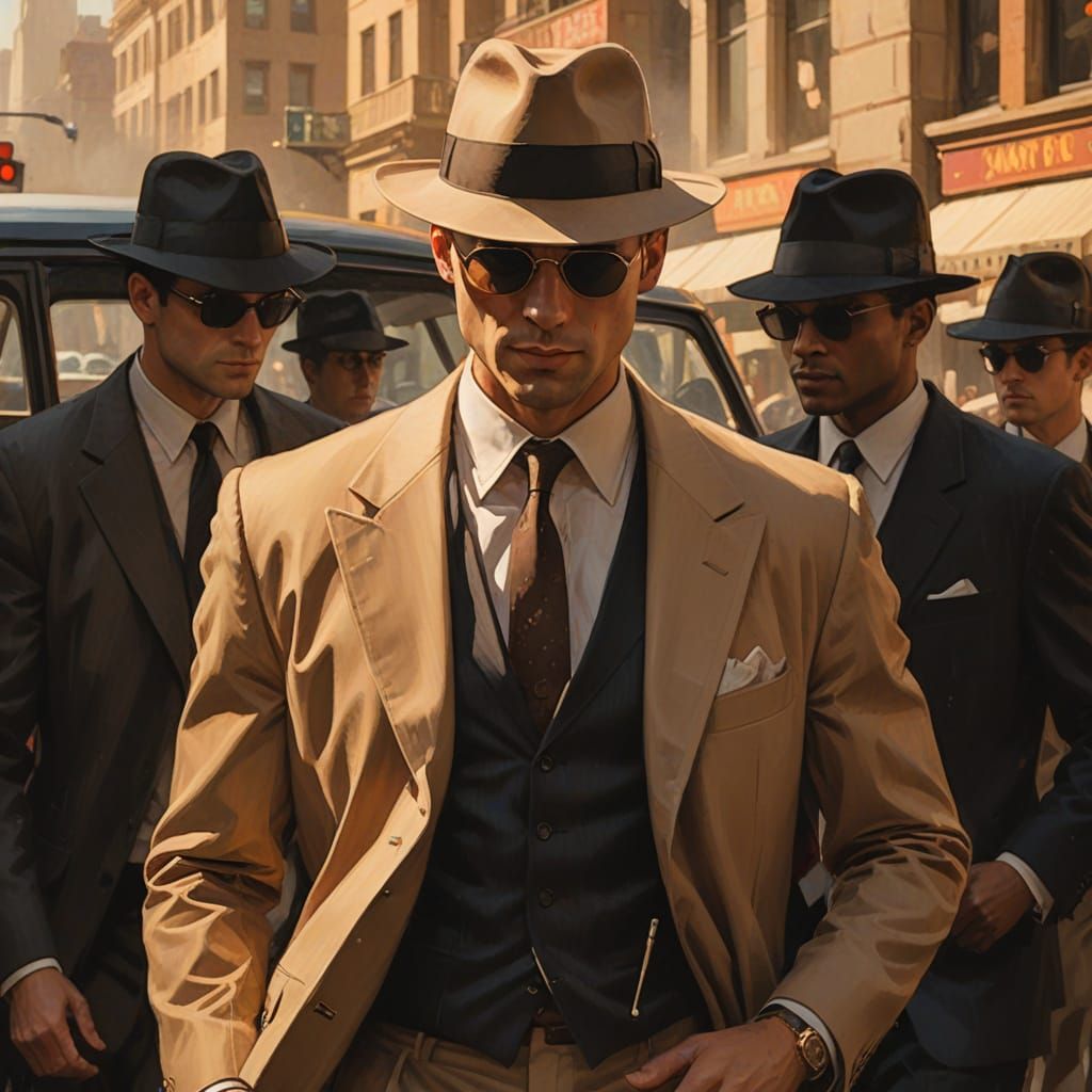 Elegant Film Noir Figure Strides Through Urban Landscape in ...