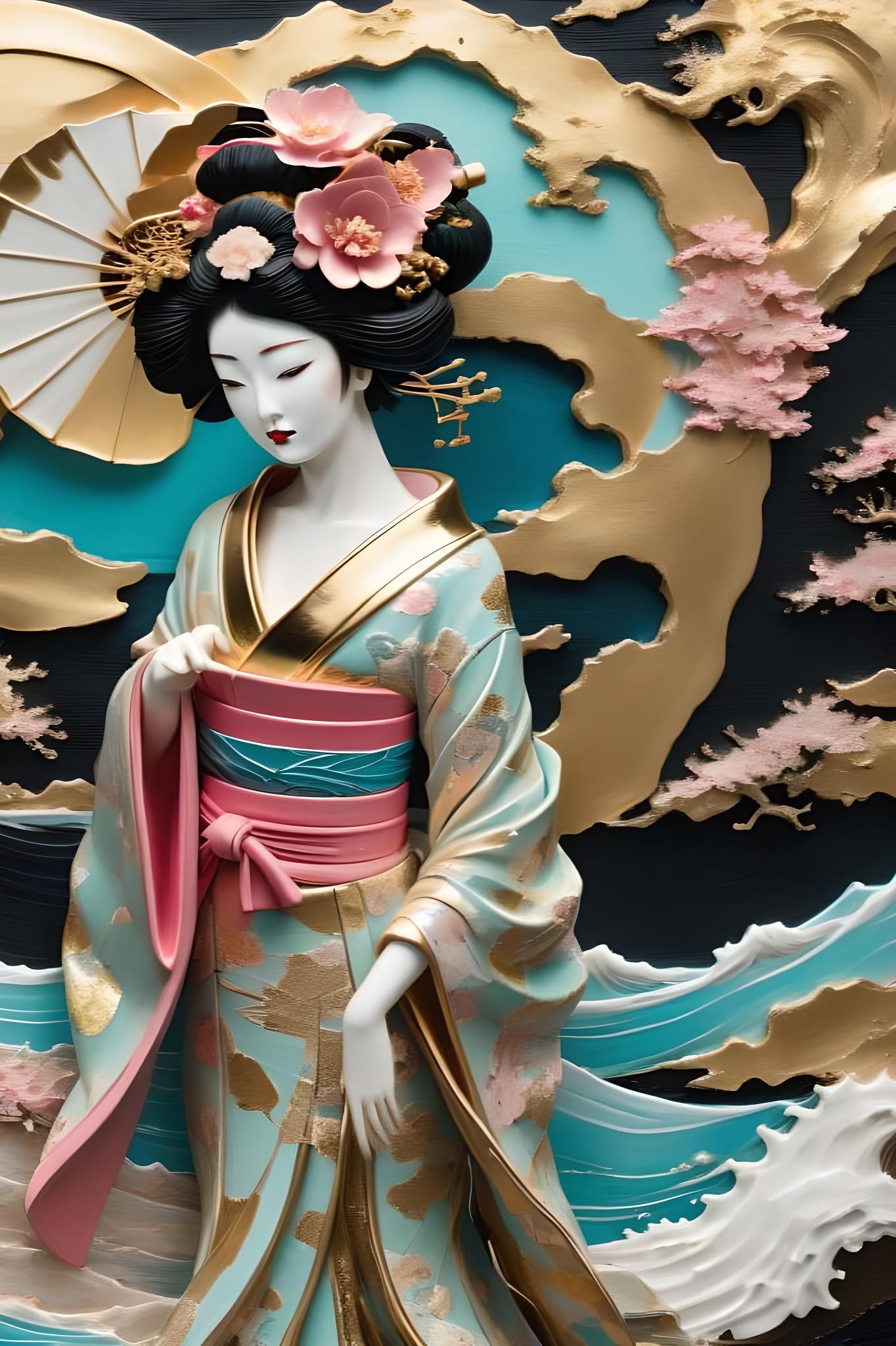 Geisha in Maximalist Gold Kintsugi Collage Artwork