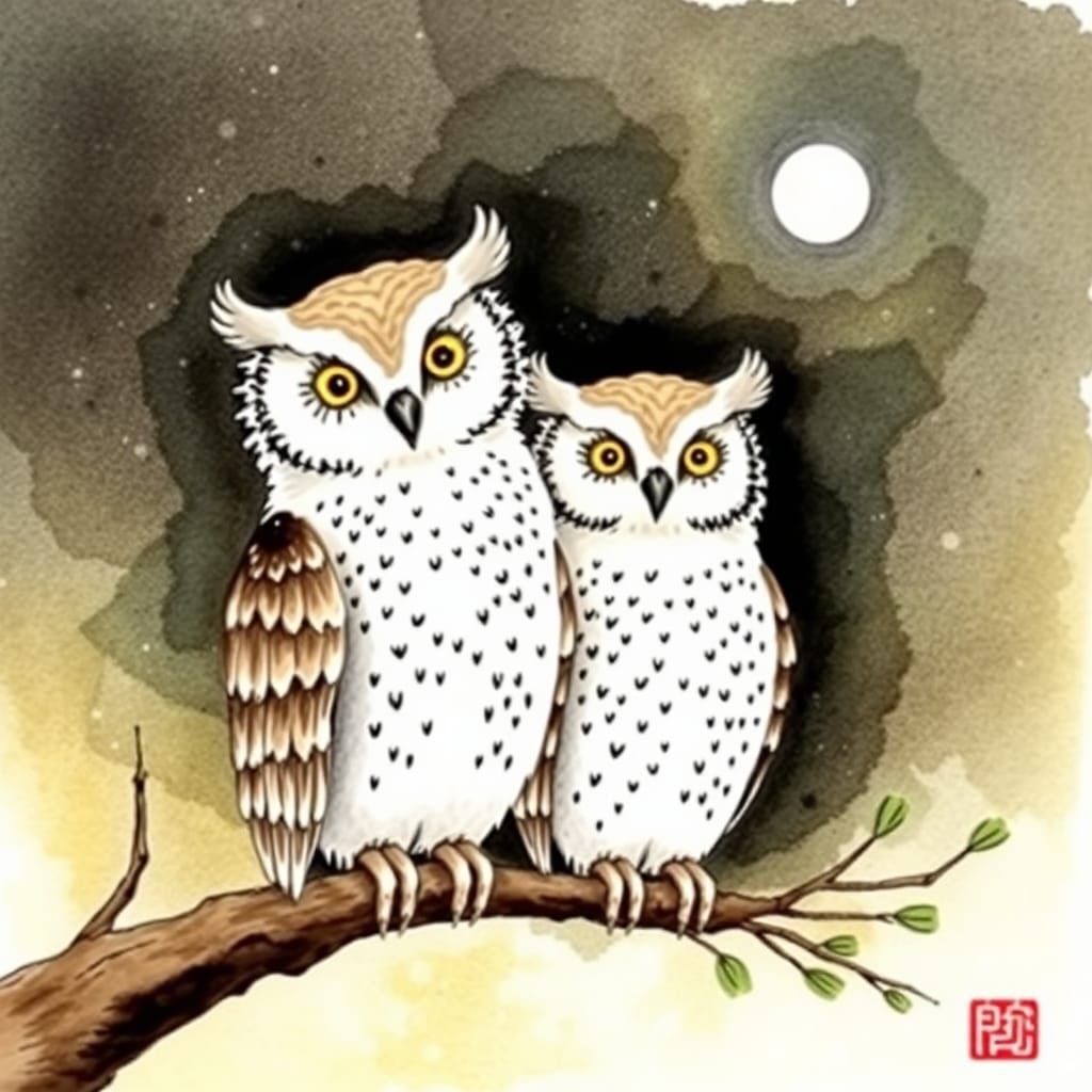 Whimsical Owls in Chinese Ink Painting