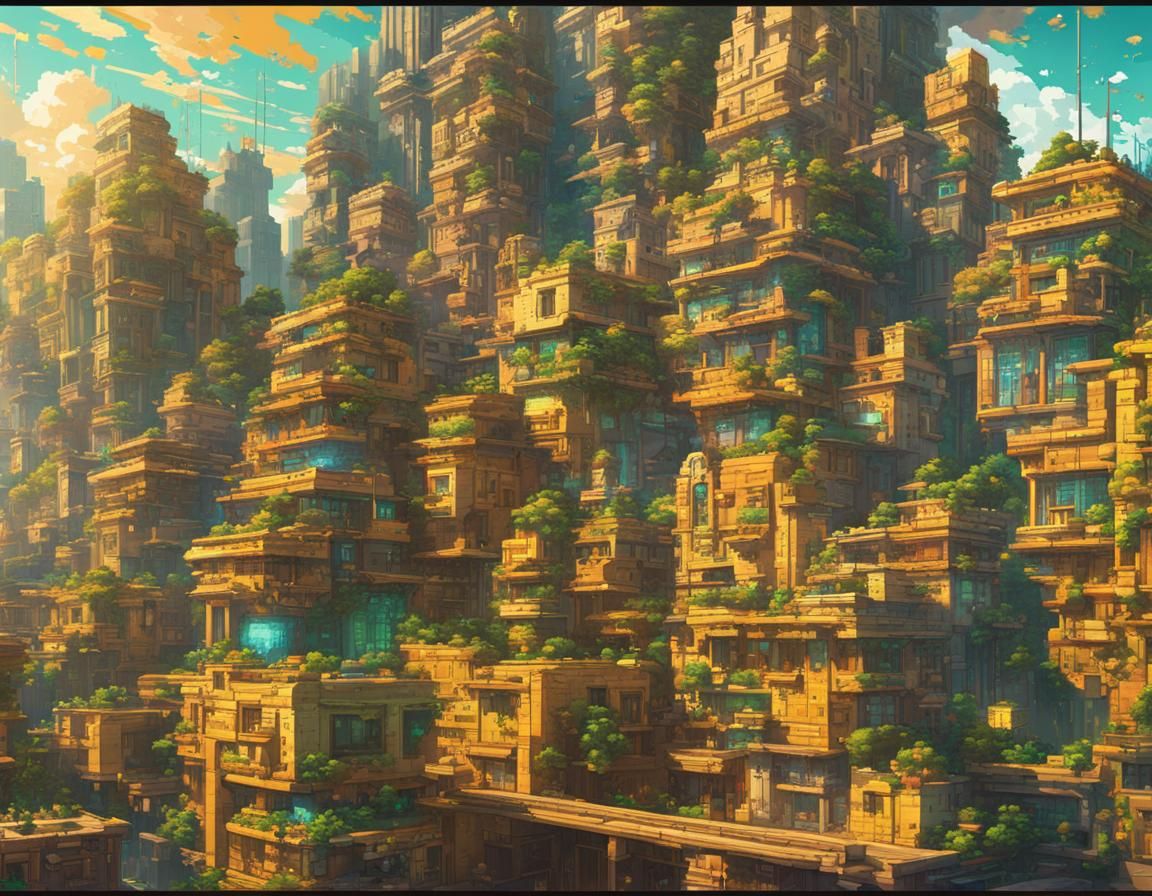 Pixel Art Cityscape: Ancient Meets Future in 8-bit