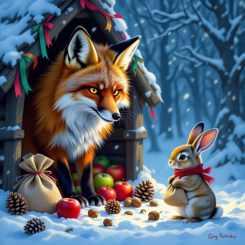 Greedy Fox Glaring at Rabbit in Snowy Den