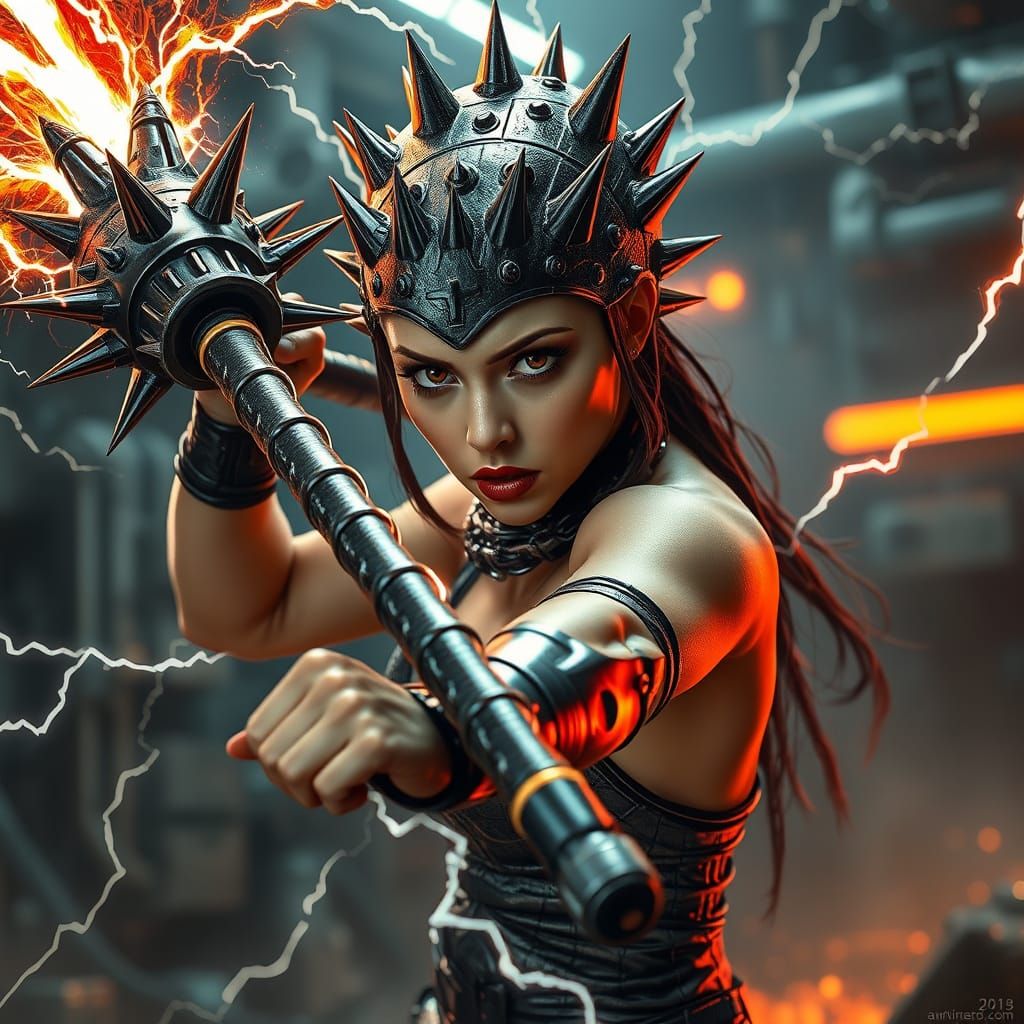 Cyberpunk Warrior Wields Futuristic Megaman-Style Chain Flai...